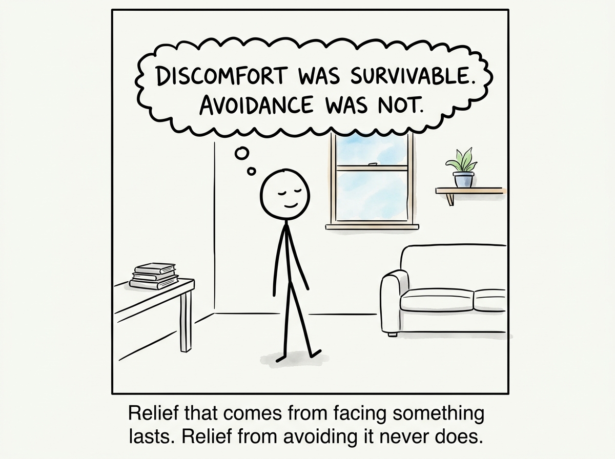 The stick figure standing in a clean room, relaxed, with a thought bubble reading 'Discomfort was survivable. Avoidance was not.'