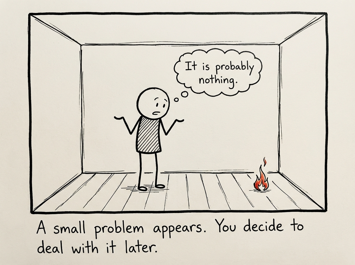 A stick figure noticing a tiny flame in the corner of a room, shrugging and saying 'It is probably nothing'