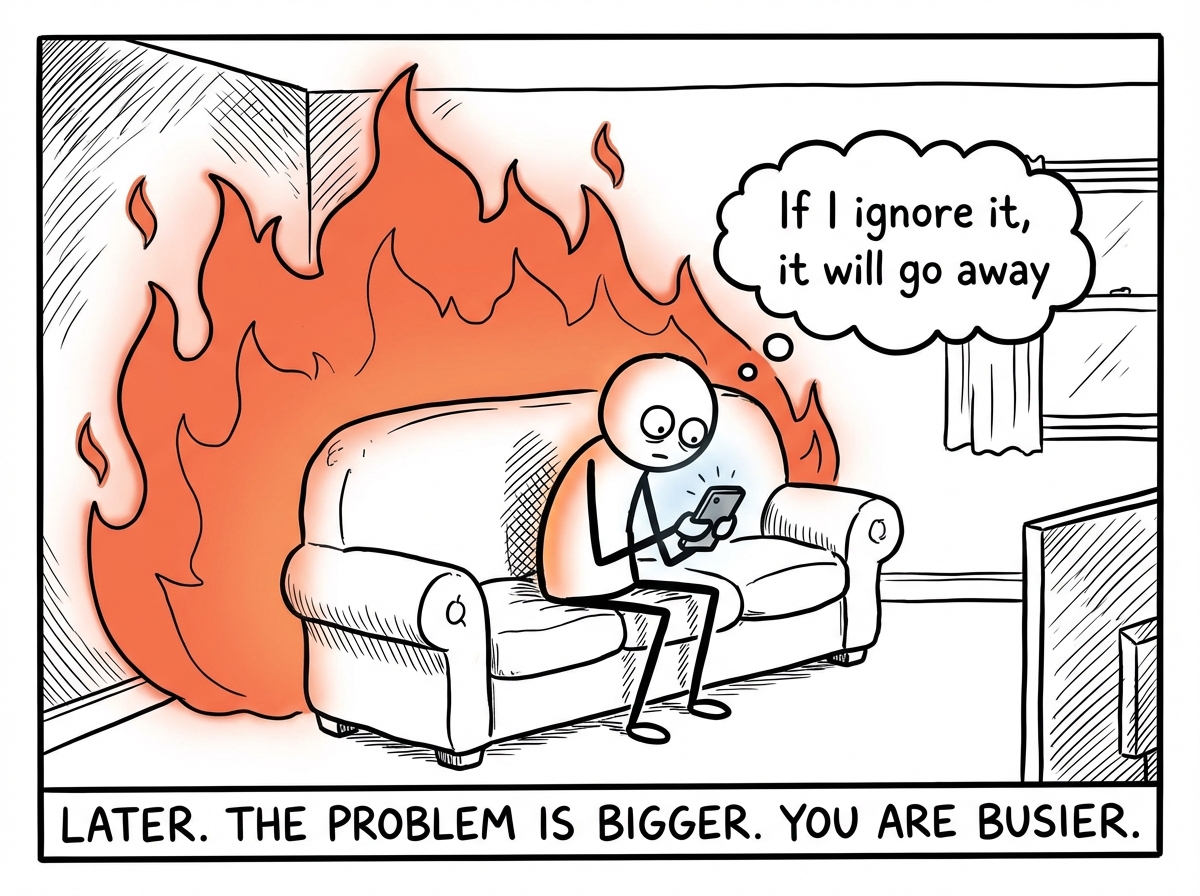 The flame has grown to cover one wall. The stick figure is on the couch scrolling their phone, deliberately not looking at it, with a thought bubble reading 'If I ignore it, it will go away'