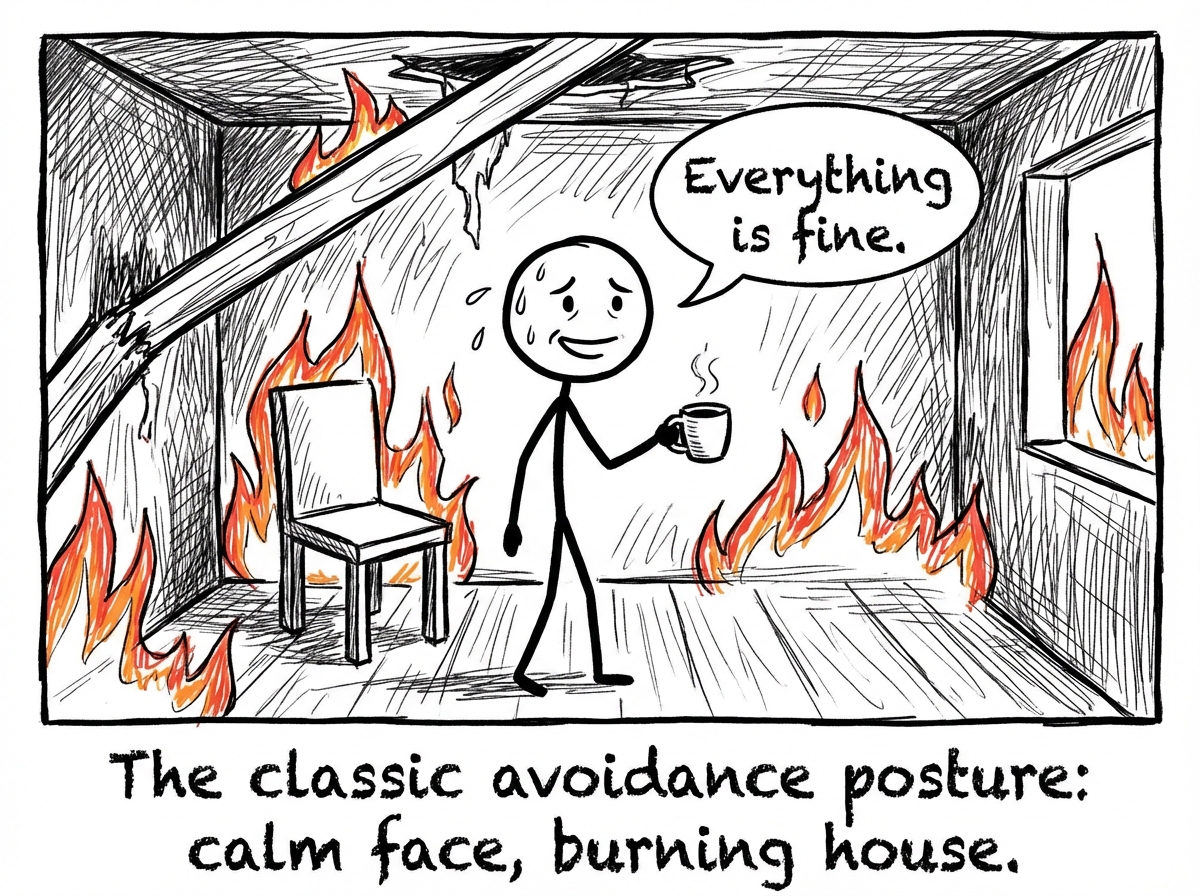 The entire room is engulfed in flames. The stick figure is sitting with a cup of tea, sweating but smiling, saying 'Everything is fine' while the ceiling starts to collapse