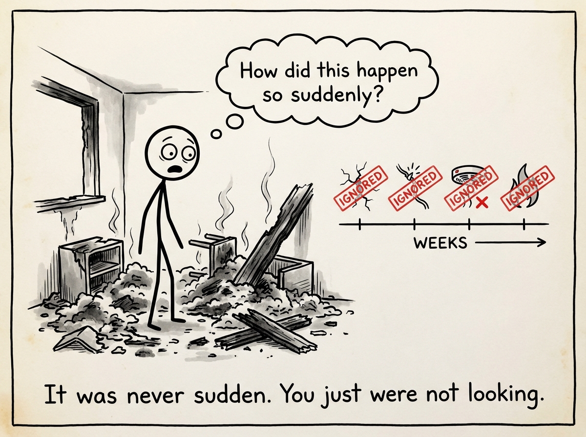 The stick figure standing in the ashes of the room, looking shocked, with a thought bubble reading 'How did this happen so suddenly?' while a timeline shows weeks of ignored warning signs