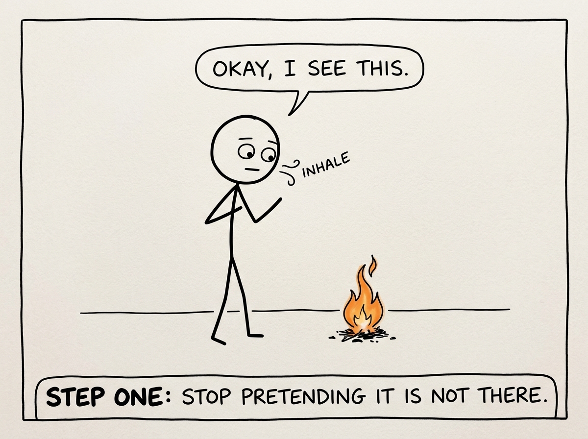 A stick figure noticing a small flame and instead of shrugging, taking a deep breath and saying 'Okay, I see this'