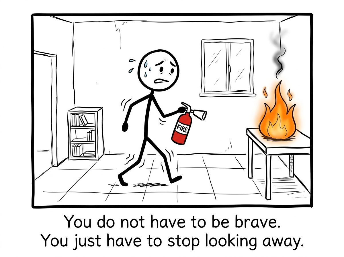 The stick figure picking up a small fire extinguisher and walking toward the flame, looking nervous but moving
