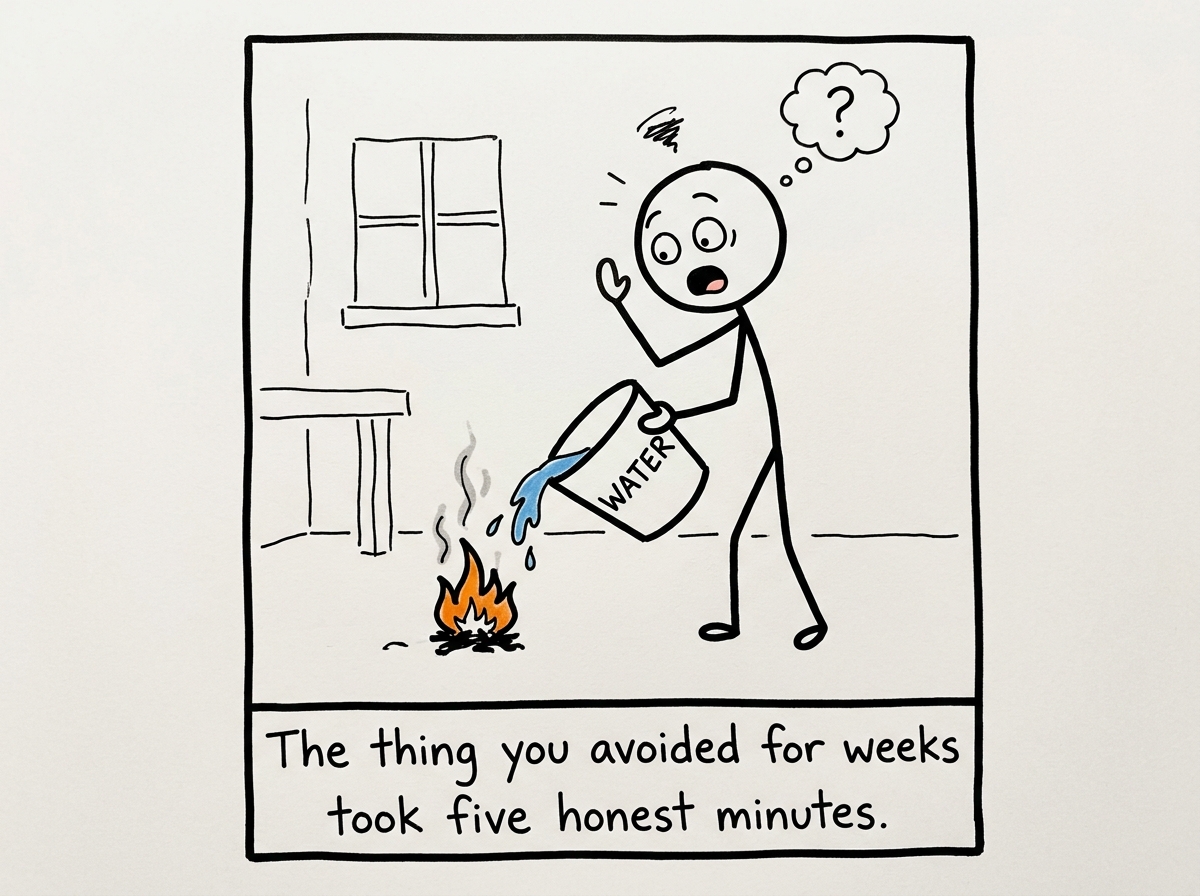The stick figure putting out the small flame easily, looking surprised at how manageable it was