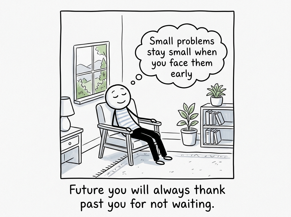 The stick figure in a calm room, relaxed, with a thought bubble reading 'Small problems stay small when you face them early'