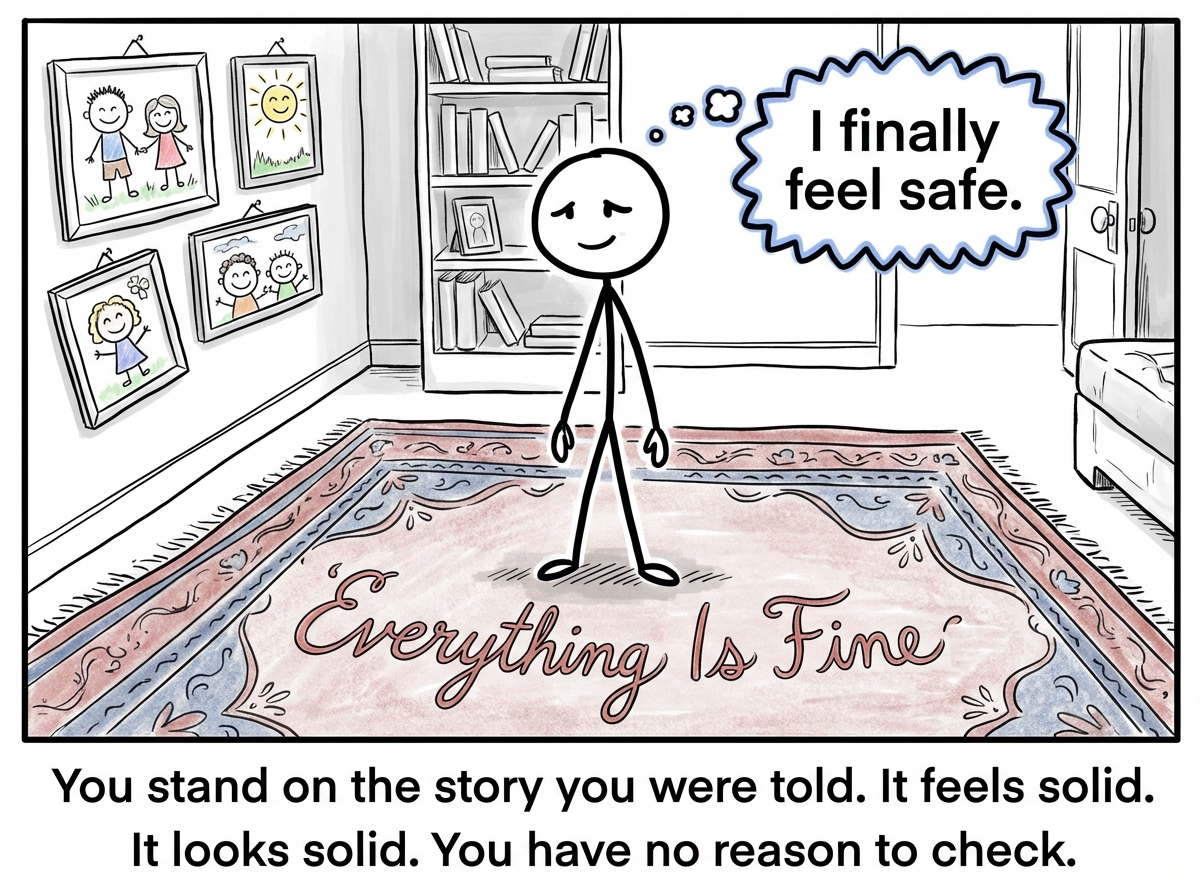 A stick figure stands happily in the center of a cozy room, feet planted confidently on a large decorative rug. The rug is labeled 'Everything Is Fine' in cheerful script. The figure has a relaxed posture, arms at their sides, small smile on their face. Framed pictures on the wall show happy memories. A thought bubble reads 'I finally feel safe.' The scene radiates false security.