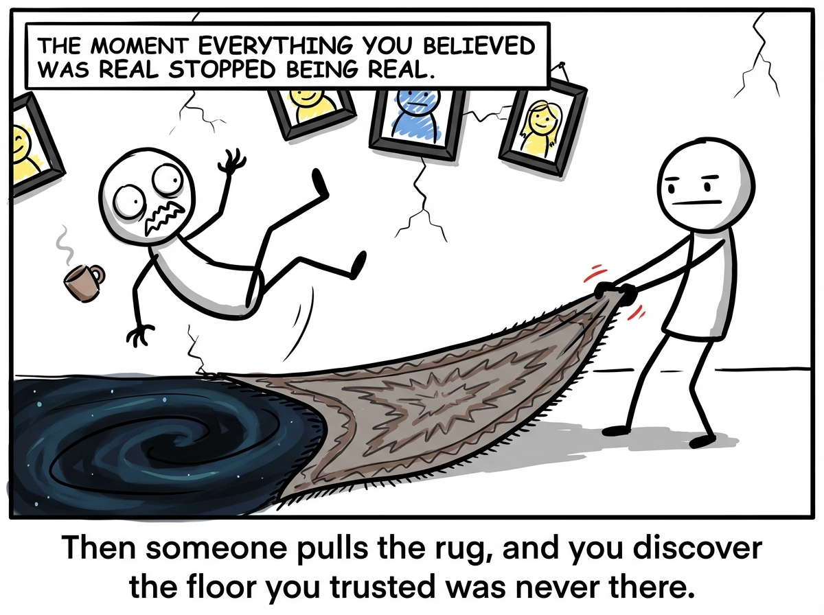 A second figure, standing off to the side with a neutral expression, grips the edge of the rug and yanks it hard. The first figure is mid-air, legs flying upward, eyes wide with shock, coffee cup suspended in space. The rug peels away to reveal a dark void underneath where the solid floor should be. The happy framed pictures are tilting off the walls. A label reads 'The moment everything you believed was real stopped being real.'
