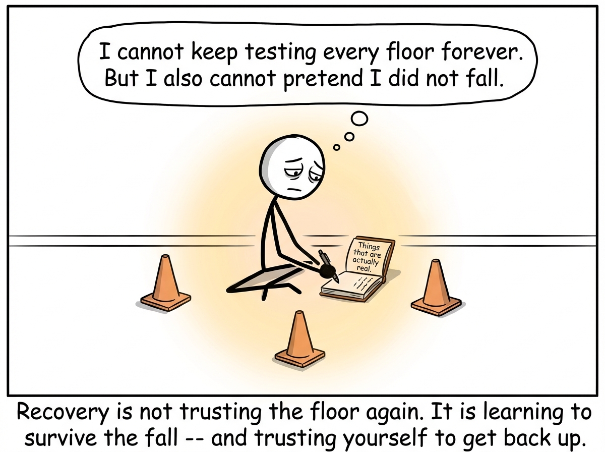The stick figure sits on the bare floor of a room with no rugs at all, legs crossed, looking tired but self-aware. They have placed small safety cones around themselves. A thought bubble reads 'I cannot keep testing every floor forever. But I also cannot pretend I did not fall.' Next to them, a tiny journal is labeled 'Things that are actually real.' The figure is writing in it slowly. A soft glow surrounds the scene.
