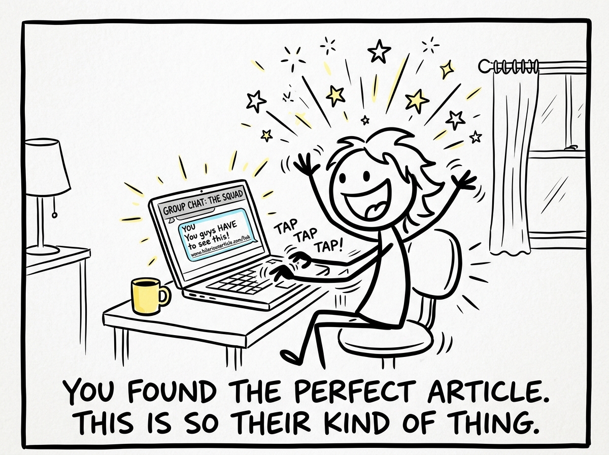 A person excitedly typing in a group chat, sending a link with a comment 'You guys HAVE to see this,' surrounded by enthusiasm sparkles