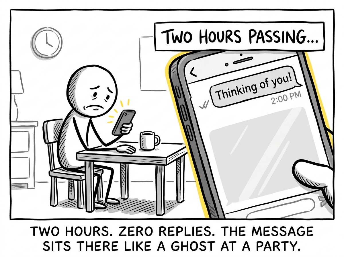 The phone screen showing the sent message sitting alone with no replies, no reactions, while a timestamp shows two hours passing. The person stares at the phone with a deflating expression