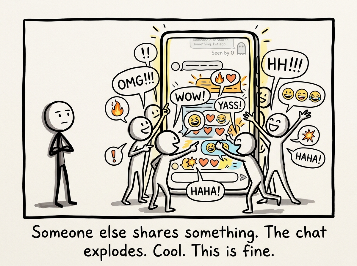 The same group chat lighting up with reactions and replies to someone else's message, while the person watches from the side, their previous message now buried and forgotten