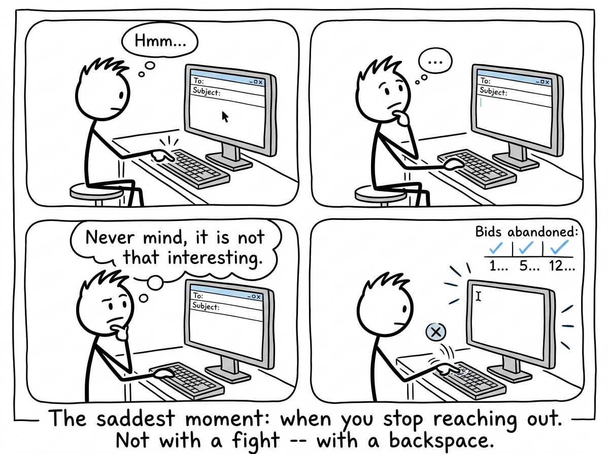 The person starting to type a new message, pausing, then deleting it with a thought bubble saying 'Never mind, it is not that interesting.' A small tally shows 'Bids abandoned: 1... 5... 12...'