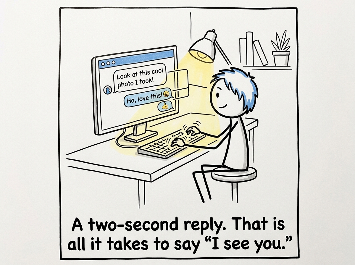 The stick figure typing a quick reply — even just a reaction emoji or 'Ha, love this' — the friend's message no longer floating alone