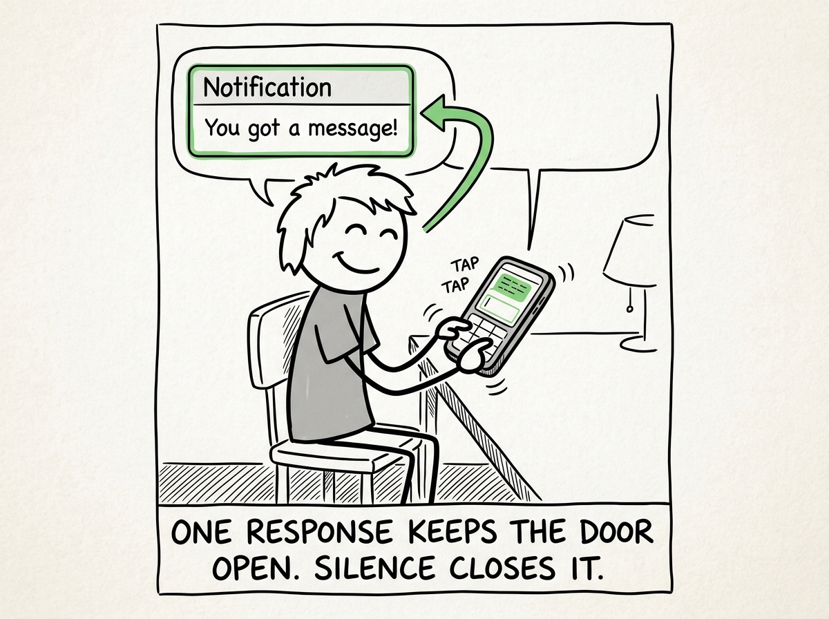 The friend on the other end smiling at the notification, encouraged, already typing another message to share