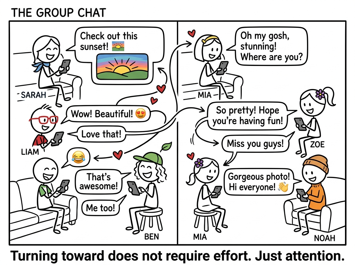 The group chat alive with back-and-forth, small moments of sharing and responding, connection flowing in both directions