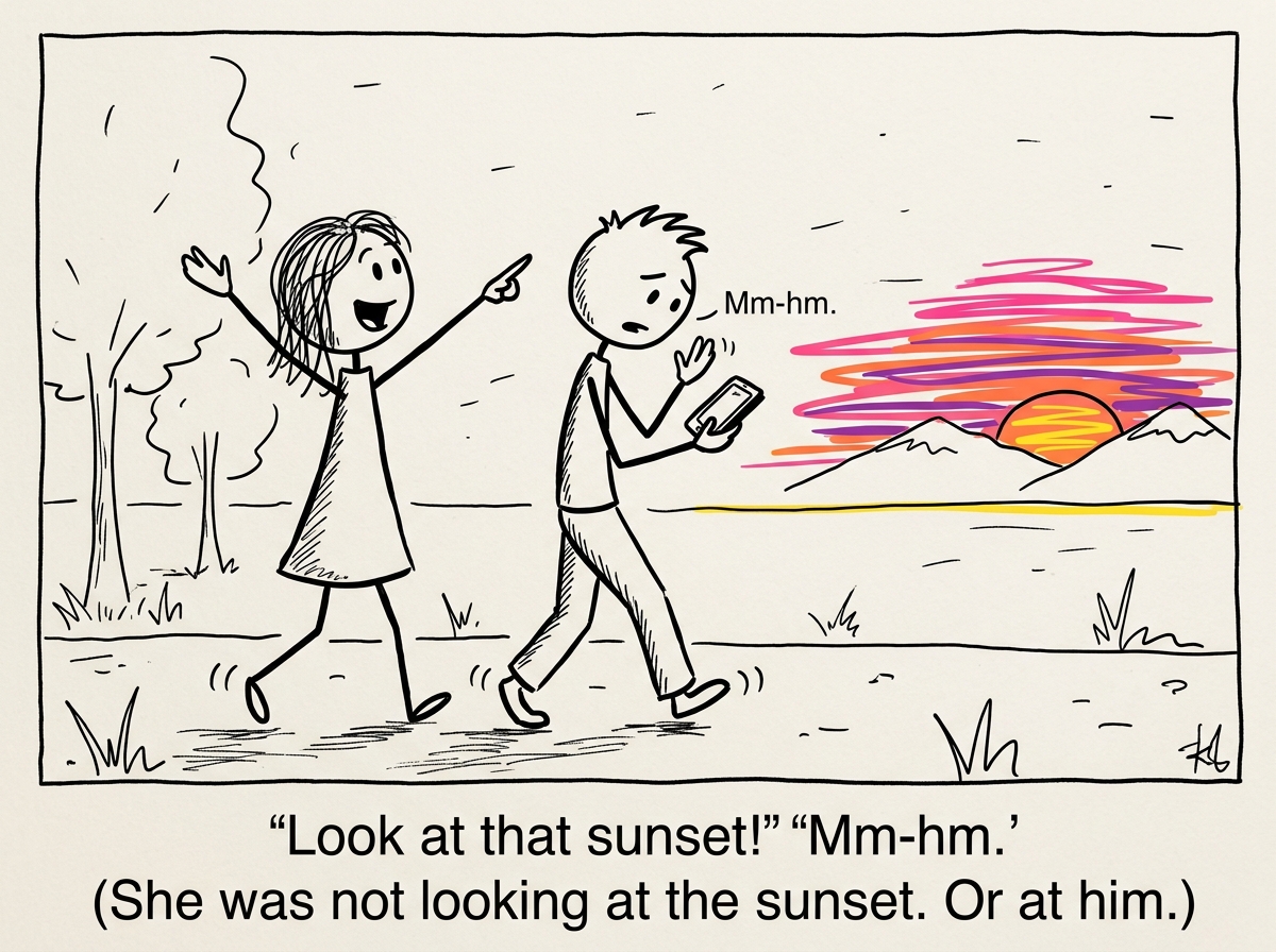 A couple walking outside, one person pointing at a gorgeous sunset with an excited expression, the other looking down at their phone with a distracted 'mm-hm'
