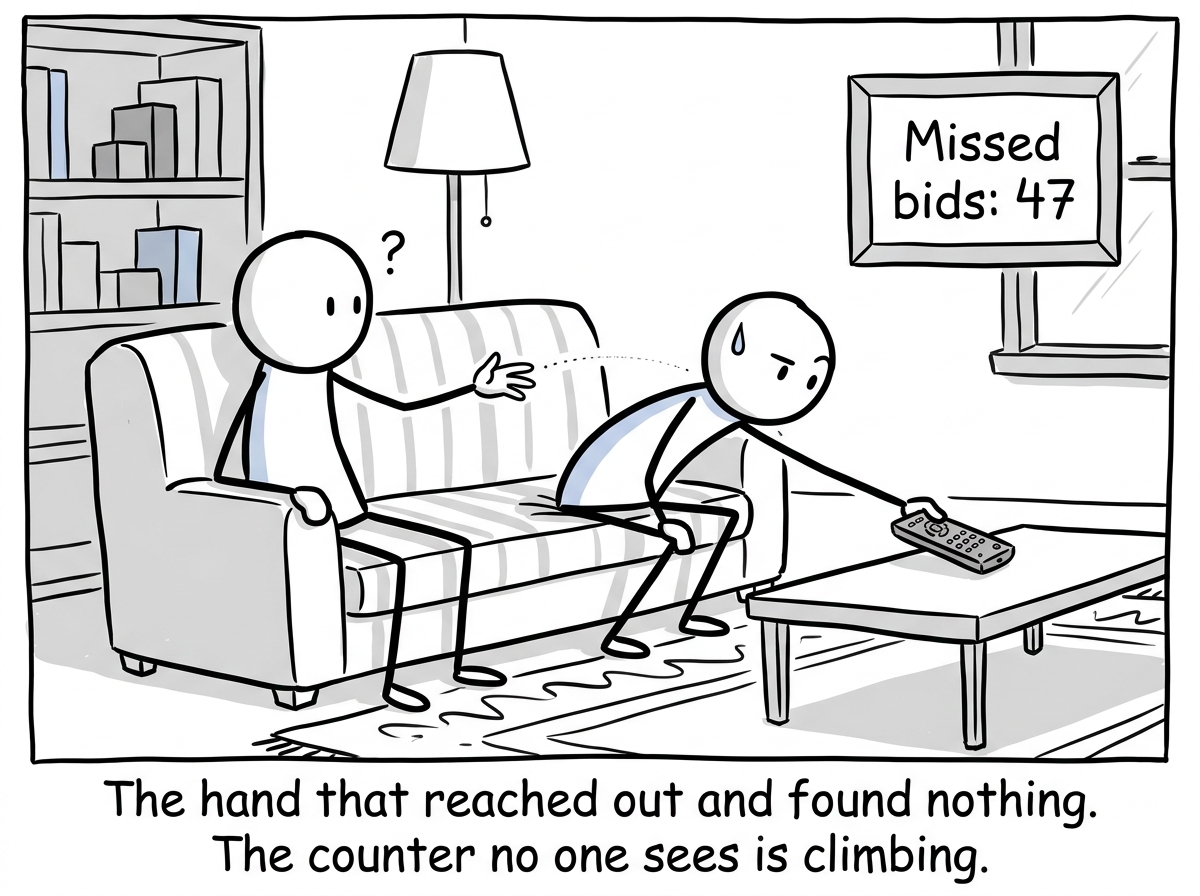 On the couch, the person reaching their hand toward their partner, who shifts away to grab the remote, not noticing the gesture. A small counter in the corner shows 'Missed bids: 47'