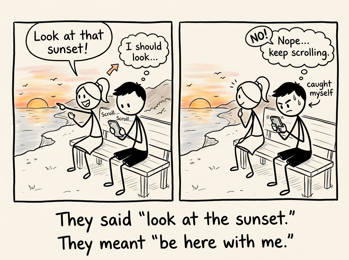 A stick figure holding their phone, partner saying 'Look at that sunset' — the figure catches themselves about to glance and dismiss it