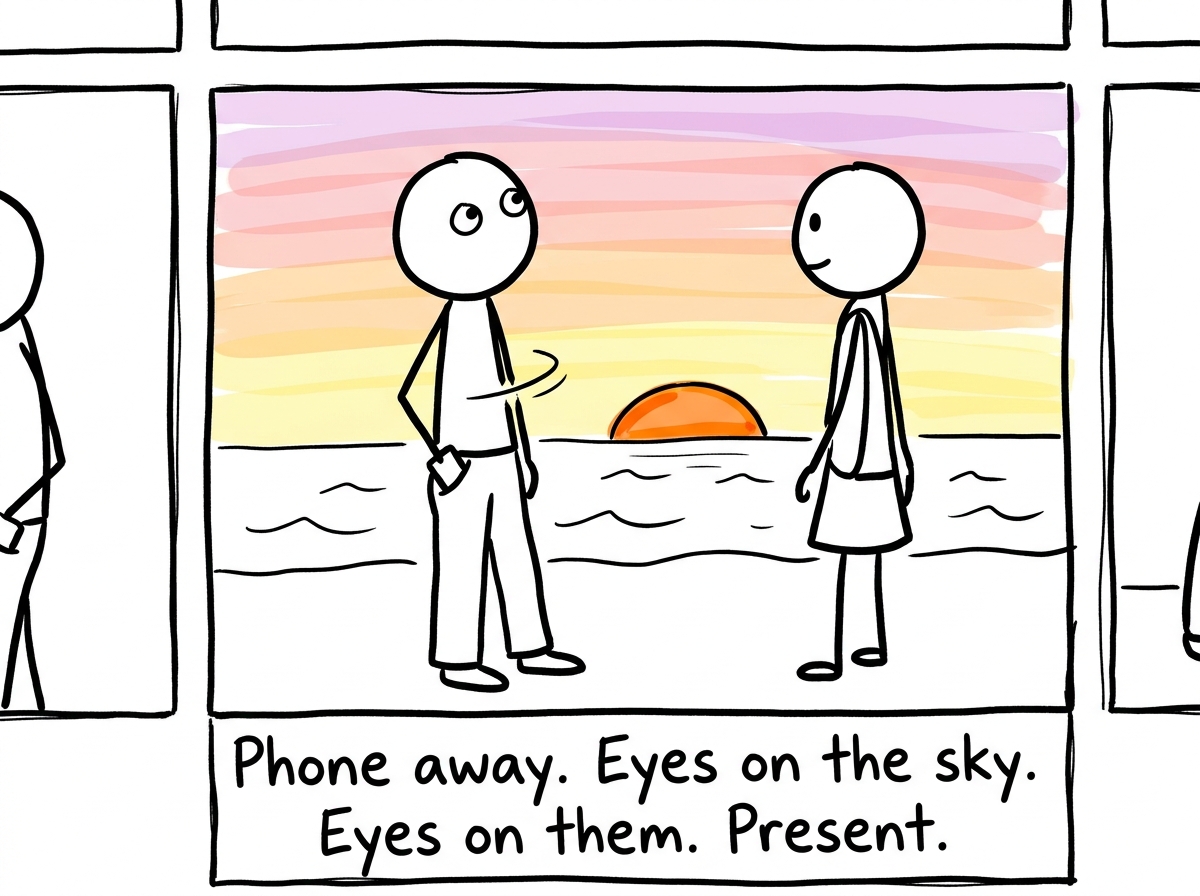 The stick figure pocketing the phone and actually looking up, turning their whole body toward the sunset and toward their partner