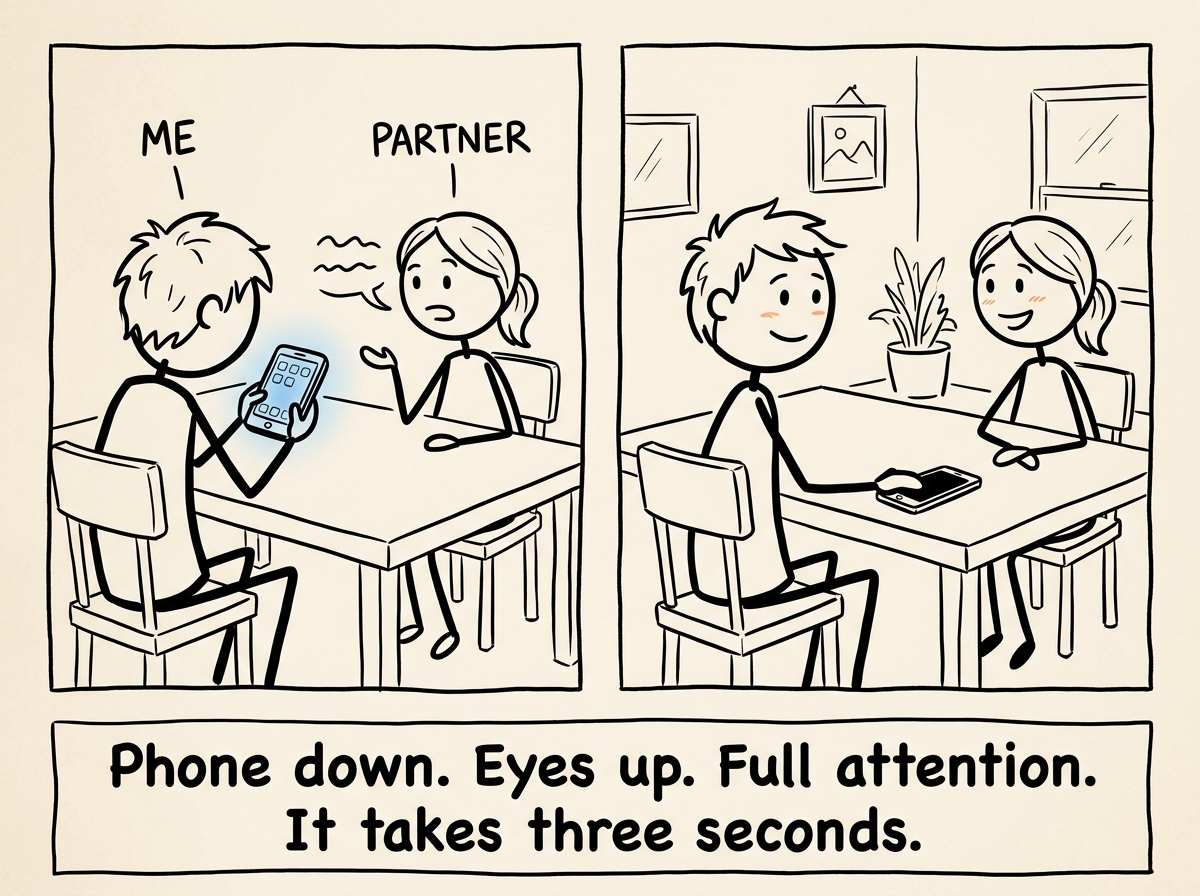 The stick figure putting the phone face-down and turning their full body toward their partner with genuine eye contact