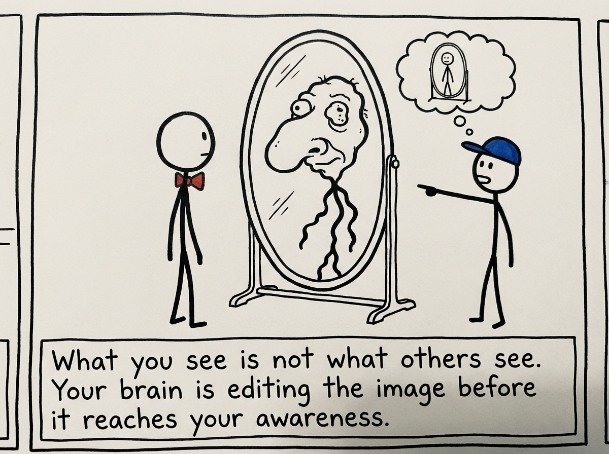 A stick figure looking in a mirror. The reflection shows a wildly distorted version -- enormous nose, uneven features. A friend standing next to them sees a completely normal reflection