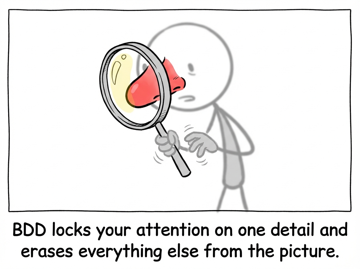 A stick figure with a magnifying glass glued to one feature on their face, unable to see the rest of themselves. The rest of the body is greyed out