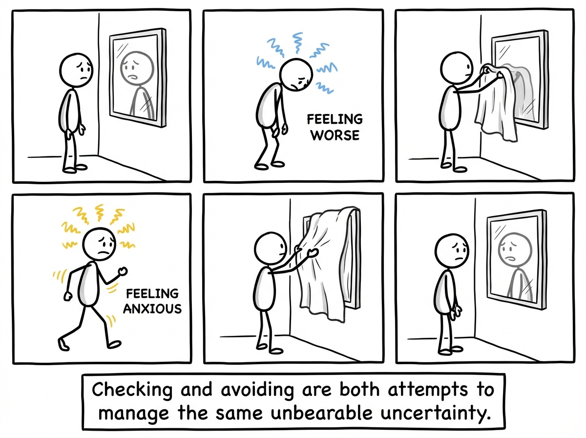 A stick figure caught in a loop: checking the mirror, feeling worse, covering the mirror, feeling anxious, uncovering the mirror, checking again