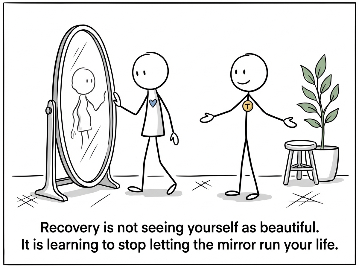 A stick figure gently stepping back from the mirror with a therapist nearby. The reflection is still slightly distorted, but the figure is no longer pressed against the glass