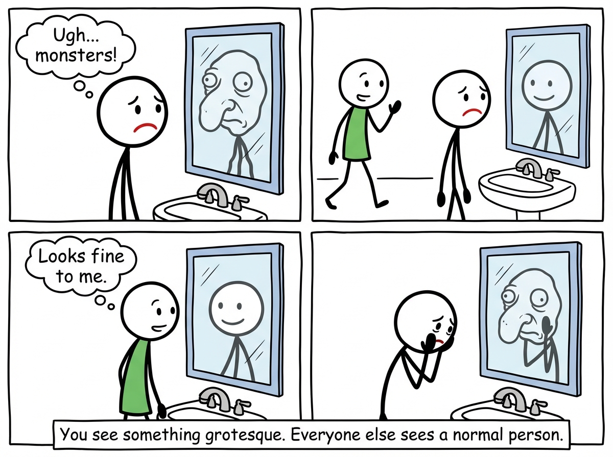 A stick figure standing in front of a normal bathroom mirror. Their reflection shows a wildly distorted version -- exaggerated nose, asymmetrical features, strange proportions. The figure stares with growing horror. A friend walks by and sees a completely normal reflection