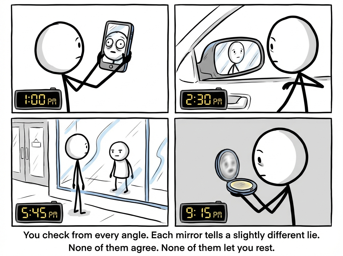 The stick figure is now checking from multiple angles -- phone camera, car mirror, store window, compact mirror. Each one shows a slightly different distortion. They are trapped in a loop of checking. Hours pass on a clock in the background
