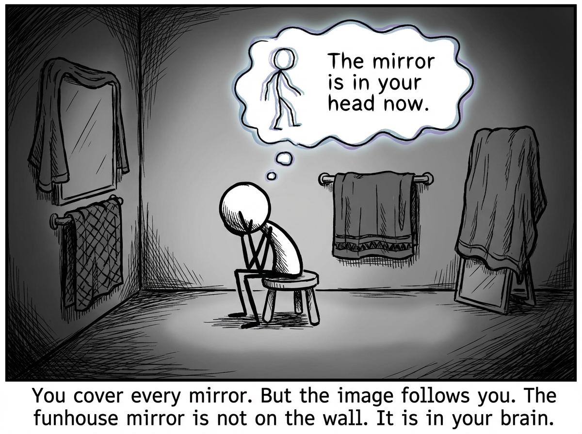 The stick figure sitting alone in a dark room, every mirror in the house covered with towels. They cannot stop thinking about what they saw. The distorted image floats in their mind even without a mirror. A text reads 'The mirror is in your head now'