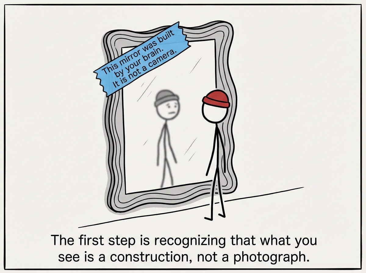 A stick figure with a label on the mirror: 'This mirror was built by your brain. It is not a camera.' The reflection is slightly less distorted