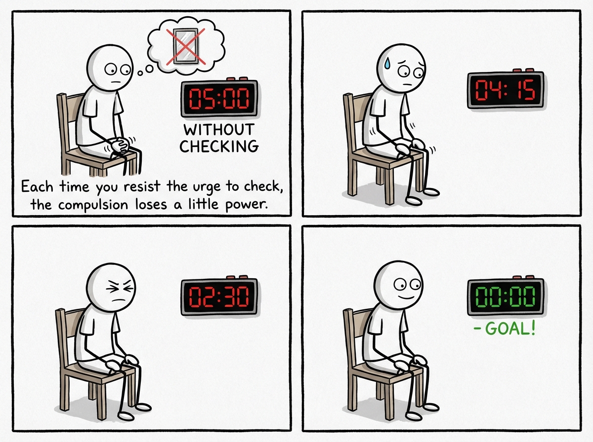 A stick figure resisting the urge to check the mirror, sitting on their hands. A timer shows '5 minutes without checking.' Small but significant