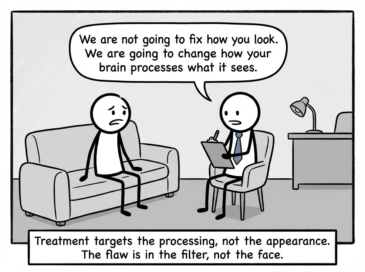 A stick figure talking to a therapist who says 'We are not going to fix how you look. We are going to change how your brain processes what it sees'