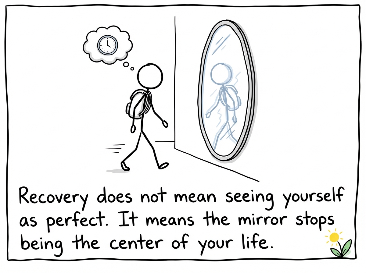 A stick figure passing a mirror without stopping. The reflection is still slightly imperfect but the figure keeps walking. They have somewhere to be