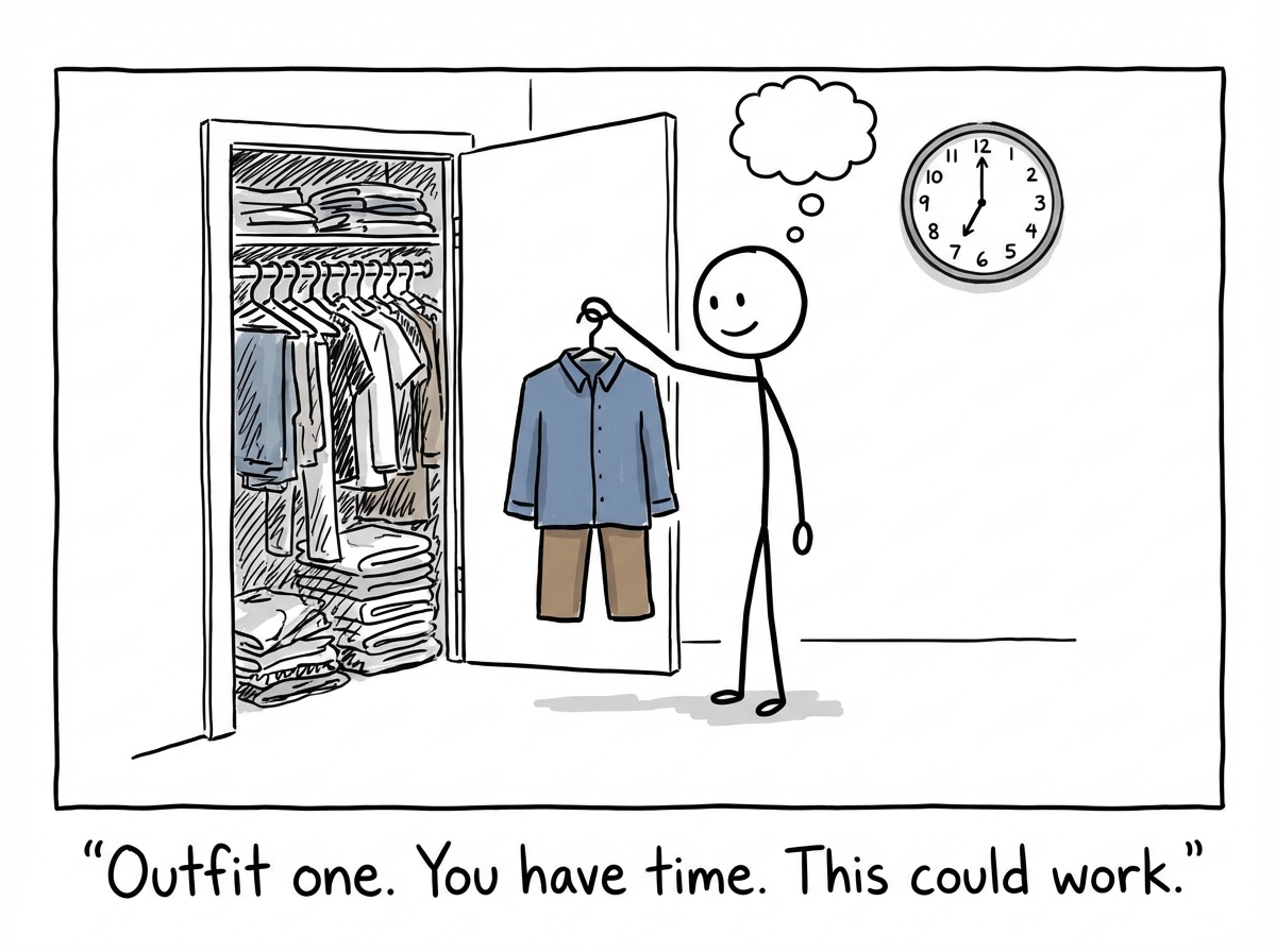 A stick figure stands in front of an open closet full of clothes, holding outfit number one. They look hopeful. A clock on the wall reads 7:00 AM. They have plenty of time