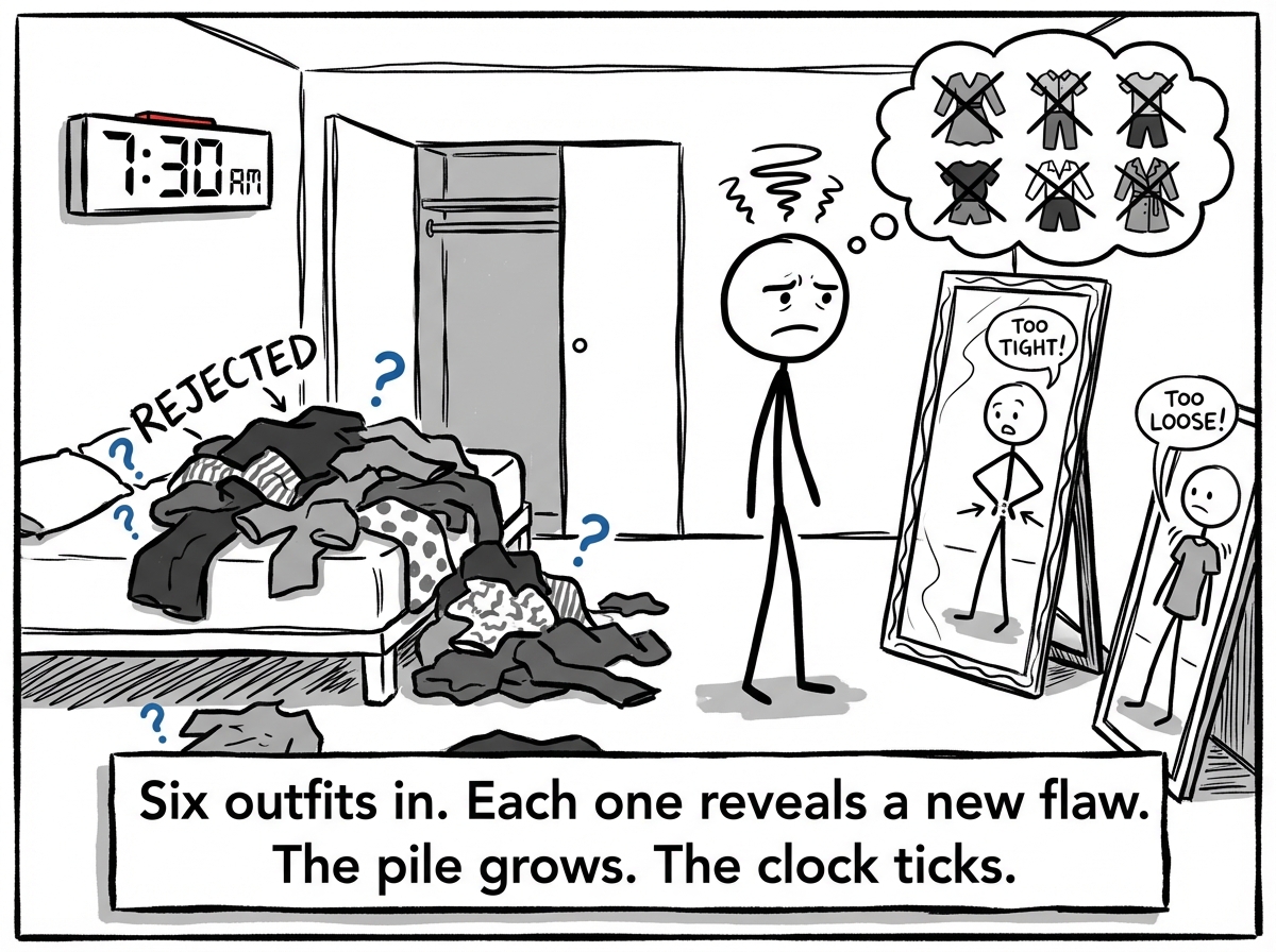 The stick figure has tried six outfits. Rejected clothes pile up on the bed and floor. The mirror shows a different flaw each time -- too tight here, too visible there. The clock reads 7:30. The figure looks stressed