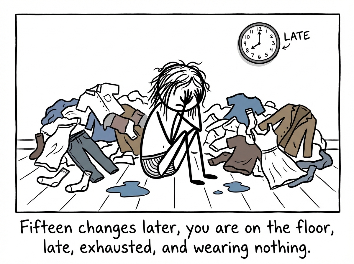 Outfit fifteen. The stick figure is sitting on the floor in their underwear surrounded by every piece of clothing they own, head in hands. The clock reads 8:15. They are late. Tears on the floor