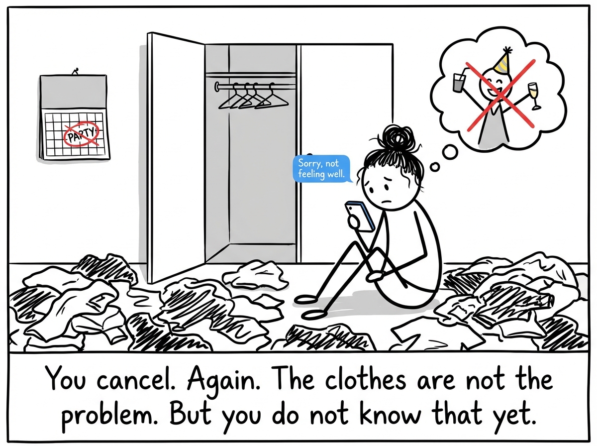 The stick figure texts 'Sorry, not feeling well' to a friend, still sitting on the floor. They did not go. The closet is empty, the floor is full, and the event happened without them