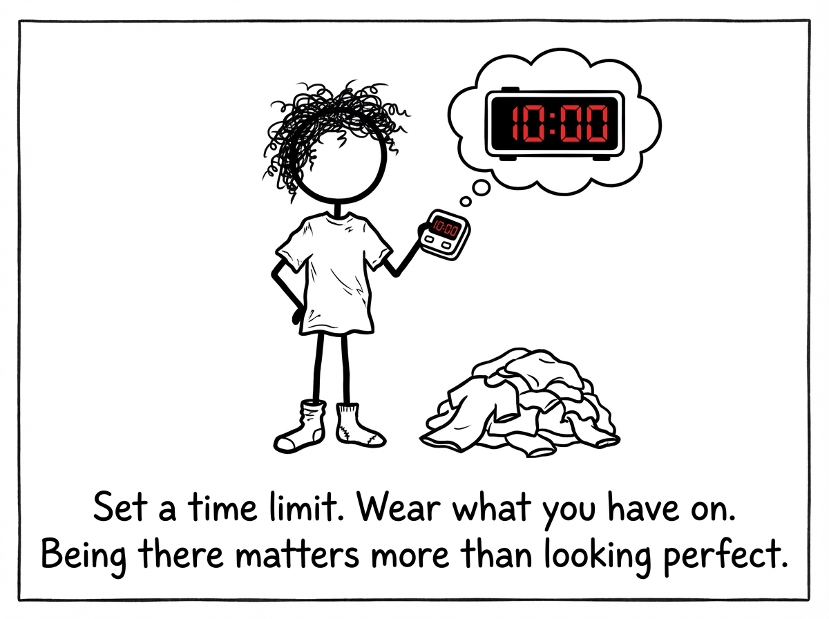 A stick figure setting a timer for 10 minutes and committing to wearing whatever they have on when it goes off. Imperfect but present
