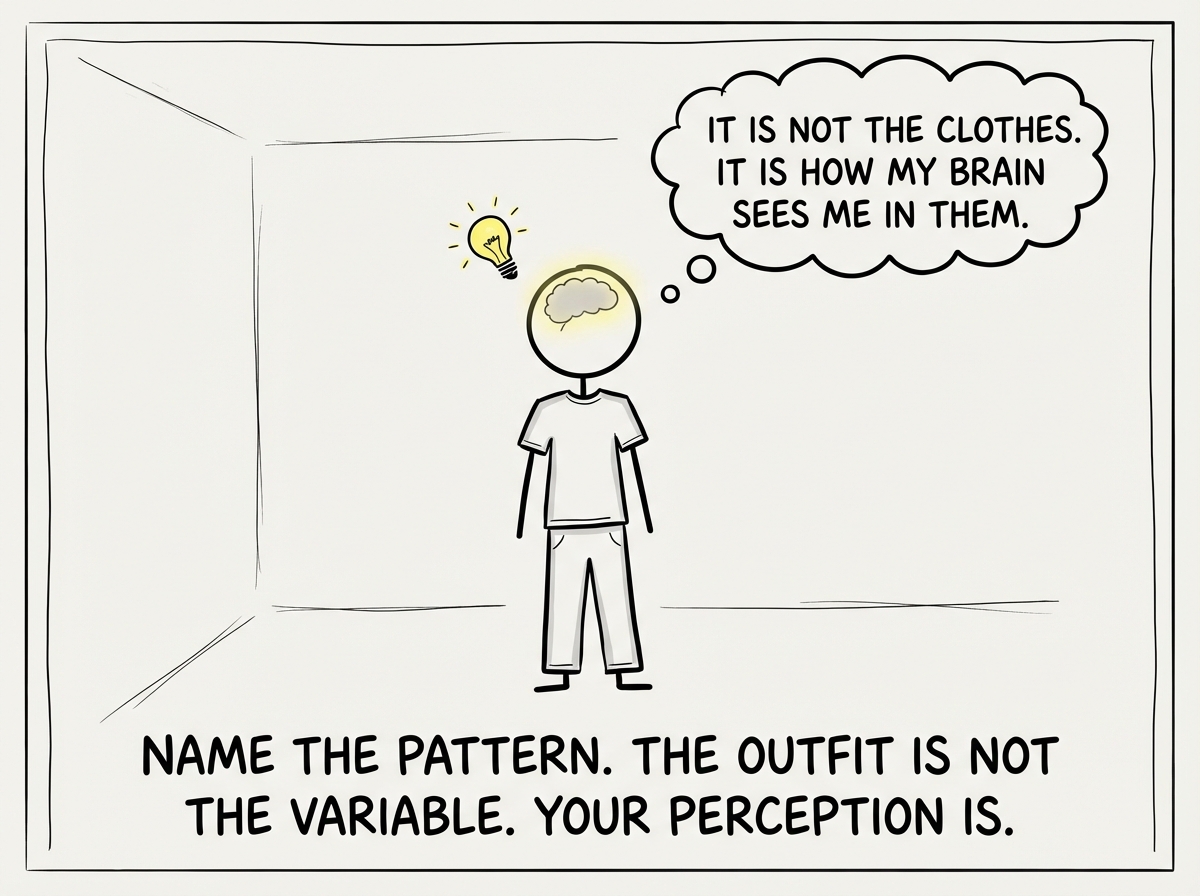 A stick figure recognizing the pattern: 'It is not the clothes. It is how my brain sees me in them.' A lightbulb moment