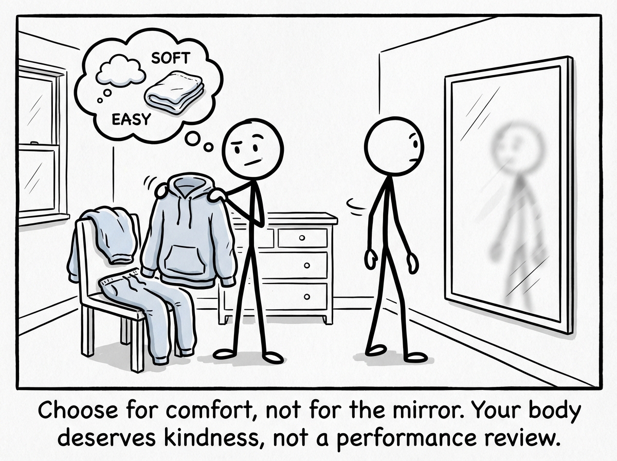 A stick figure choosing an outfit based on comfort rather than appearance -- soft fabric, easy fit -- and leaving the mirror unchecked
