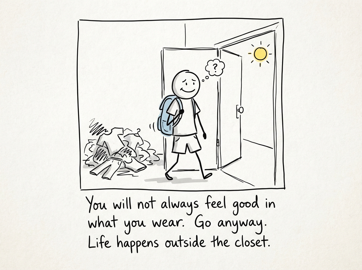 A stick figure walking out the door in a simple outfit, slightly imperfect, slightly uncertain, but out the door. The pile of clothes is behind them. They chose presence over perfection
