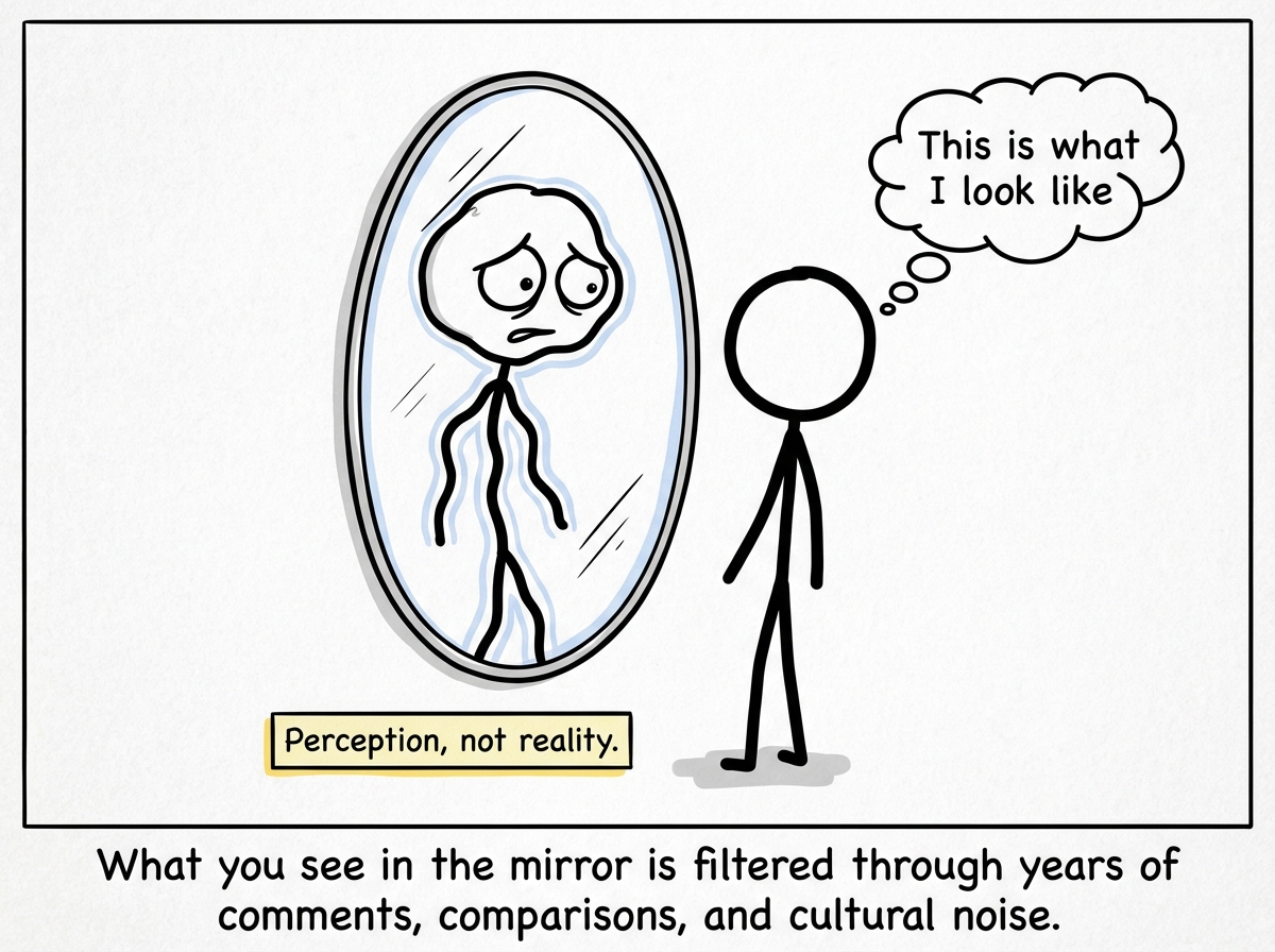 A stick figure looking in a mirror and seeing a distorted, exaggerated reflection. A thought bubble reads 'This is what I look like' while a small label says 'Perception, not reality'