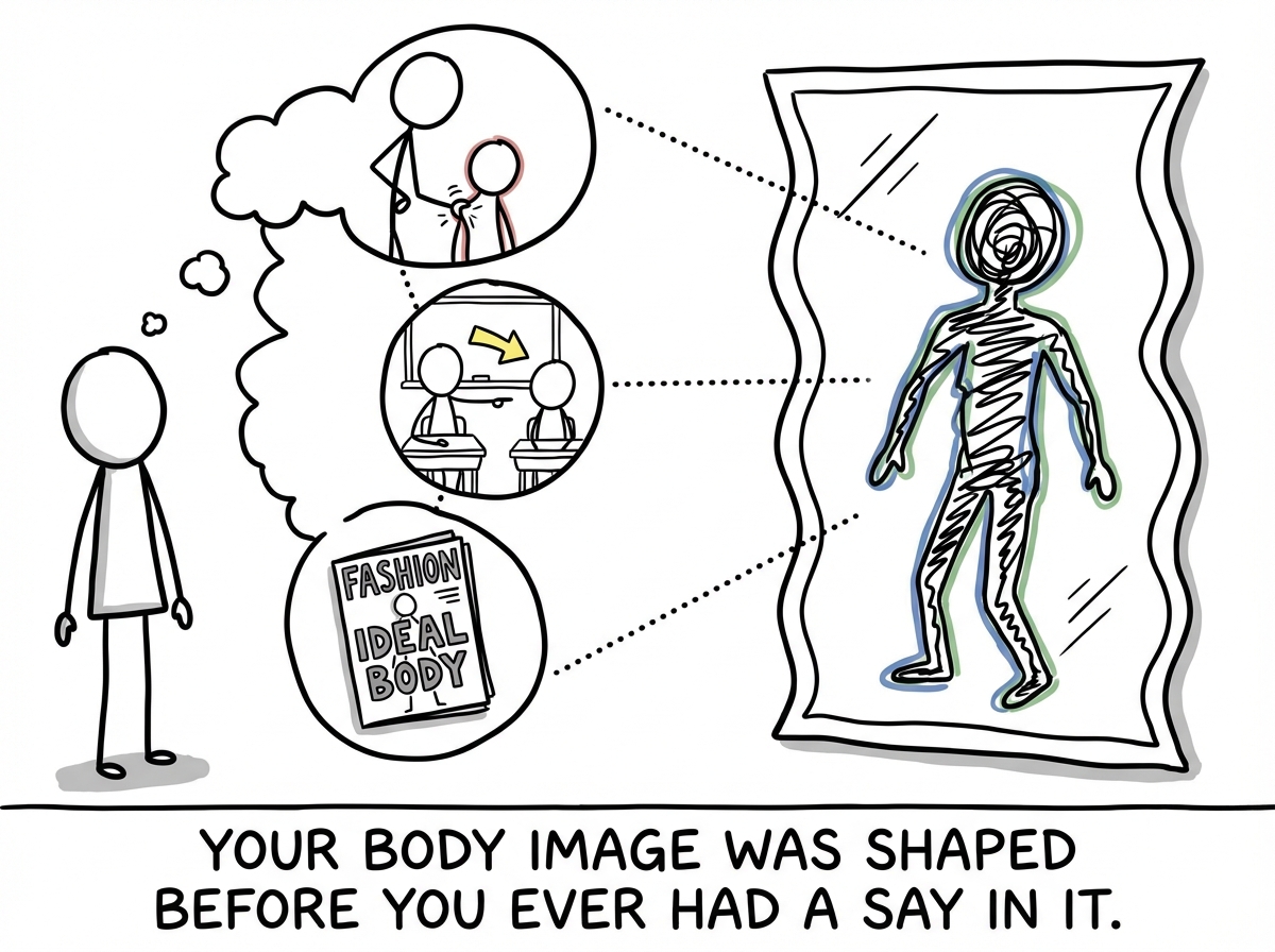 A stick figure remembering childhood moments -- a parent pinching their waist, a classmate pointing, a magazine cover. Each memory feeds into the mirror like a projector