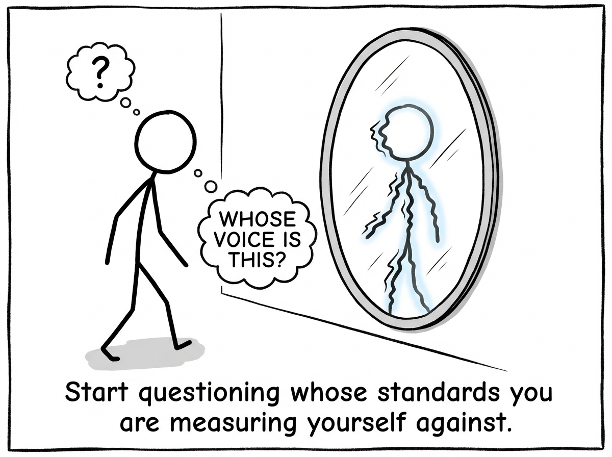 A stick figure stepping back from the mirror and asking 'Whose voice is this?' The distorted reflection begins to soften