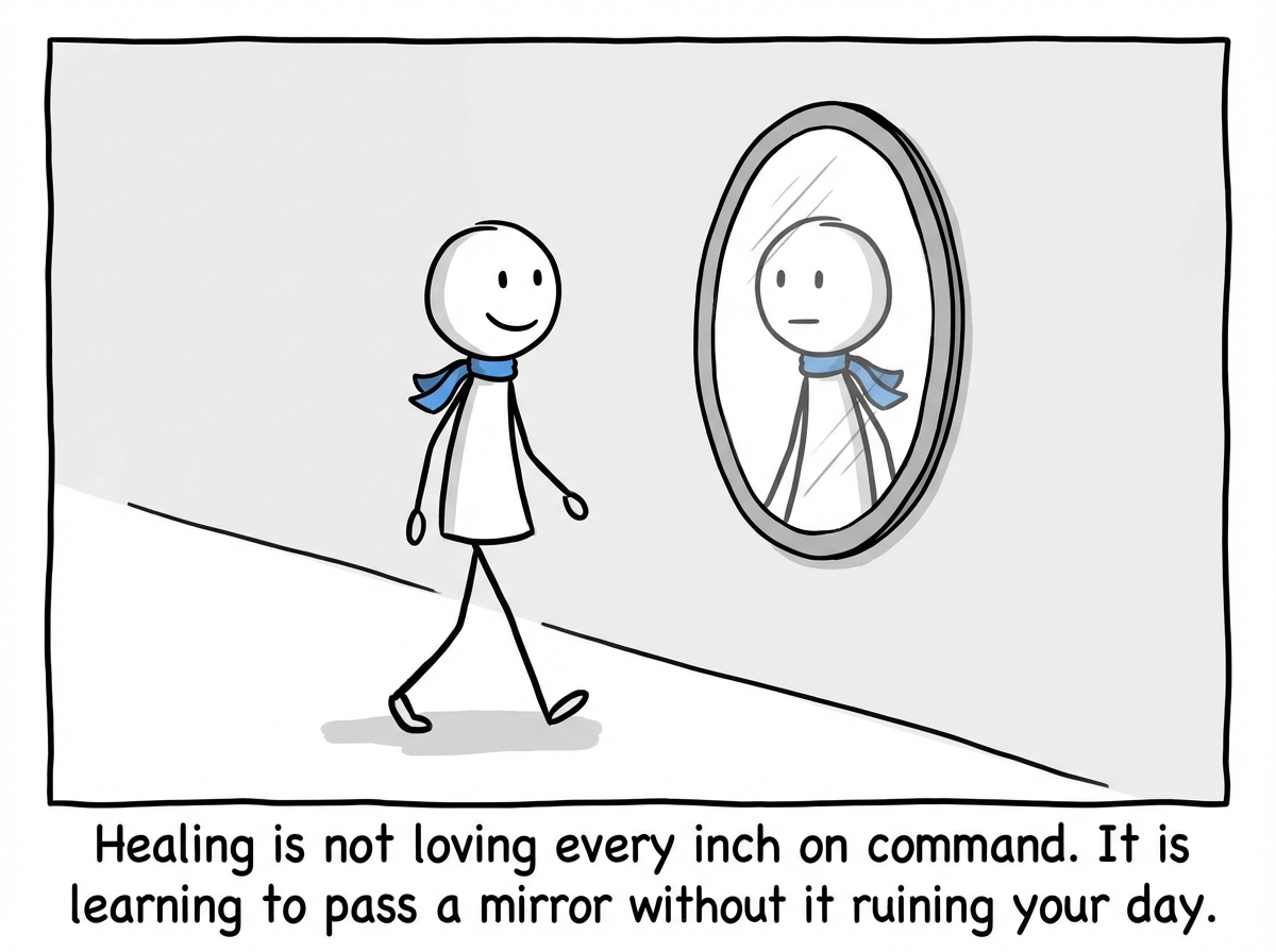 A stick figure walking past the mirror with a calm expression, not avoiding it but not lingering either. The reflection looks normal and neutral