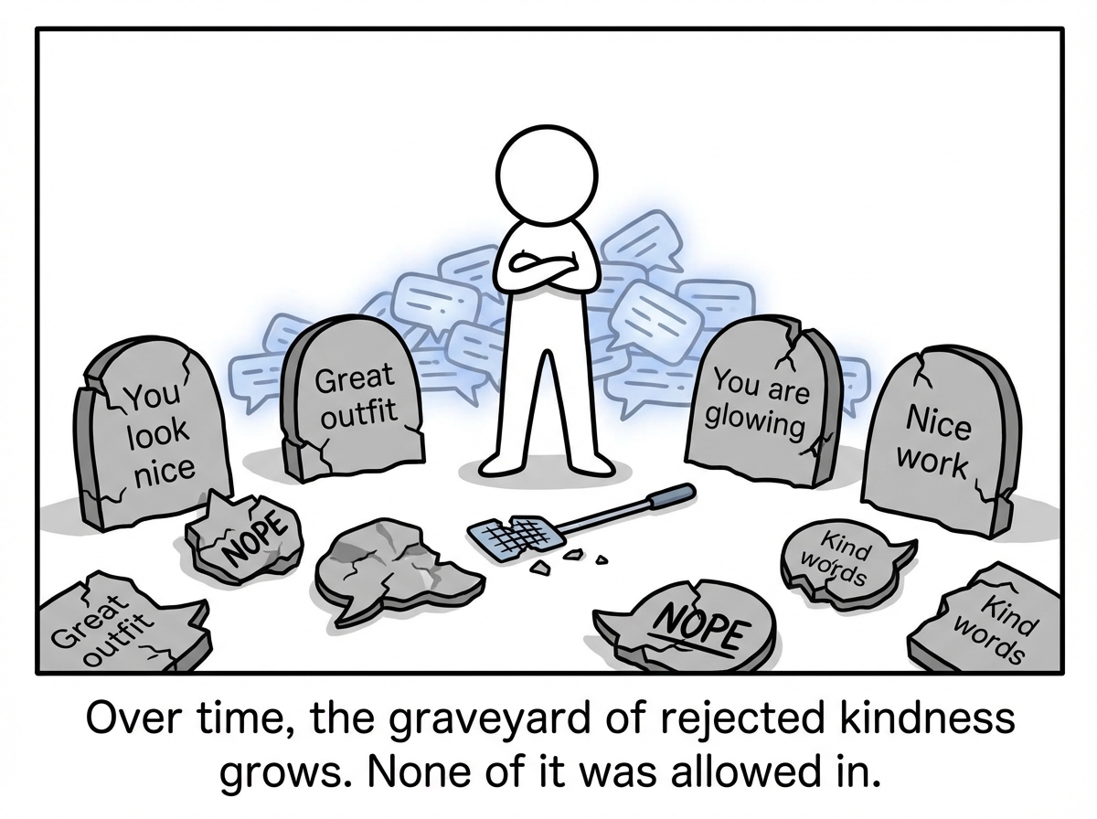 A graveyard of deflected compliments lies at the stick figure's feet -- 'You look nice,' 'Great outfit,' 'You are glowing.' Each one swatted, denied, or rewritten. The figure stands alone surrounded by rejected kindness