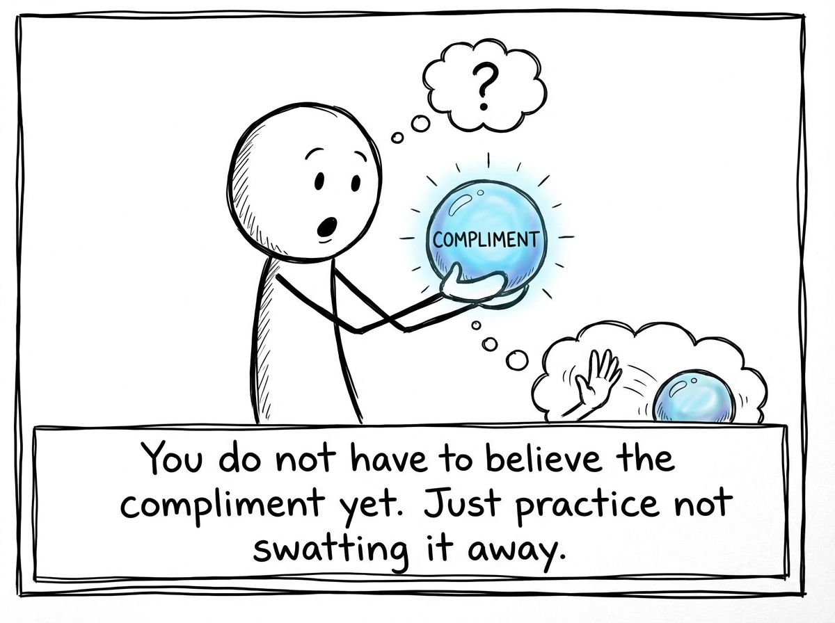 A stick figure catching a compliment orb instead of deflecting it, holding it carefully even though it feels strange