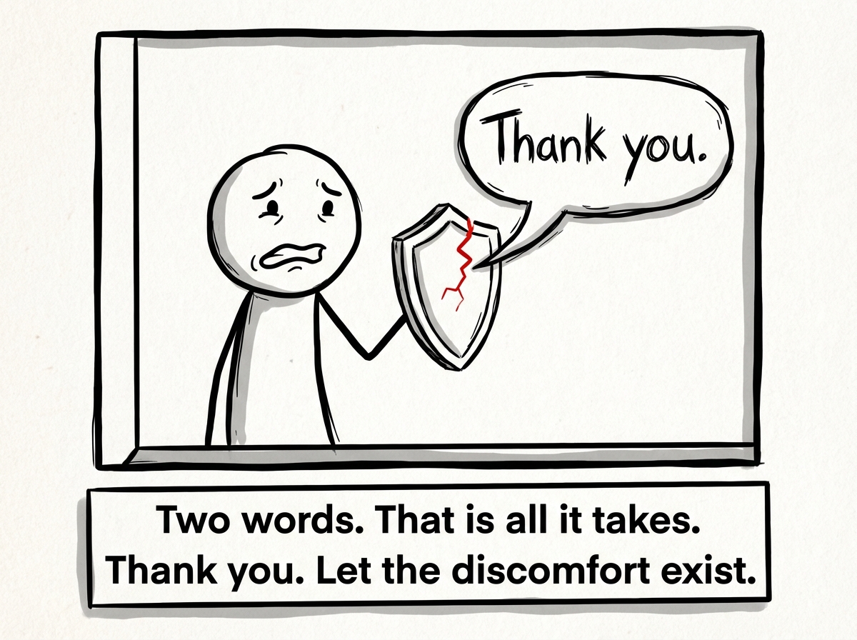 A stick figure saying 'Thank you' with visible discomfort, but the words are out and the compliment is held. A small crack appears in the shield